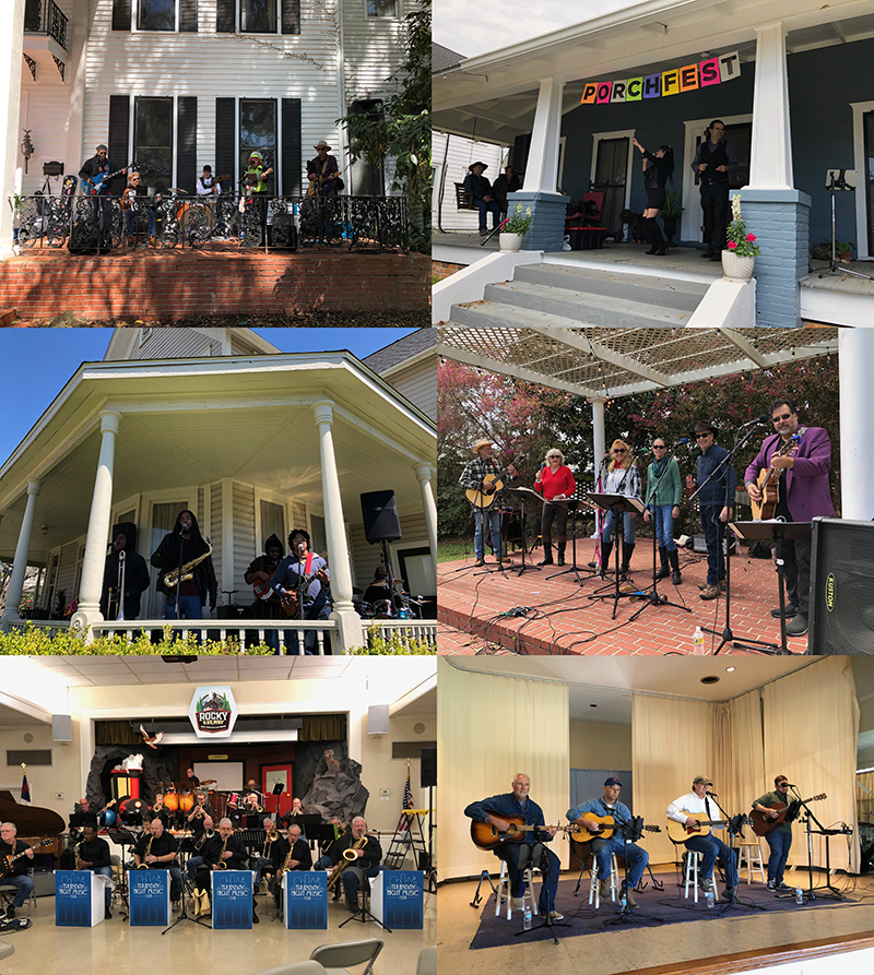 Some of the bands that played at the 2022 Quincy Porchfest, left to right from top: Hot Mess, Latin Soul, Disciples of Music, Below the Dam Band, Thursday Night Music Club, The Centenarians.